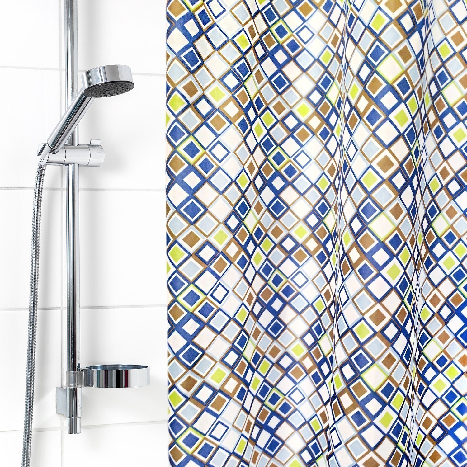 Modern shower with white wall tiles. Simple stylish Scandinavian