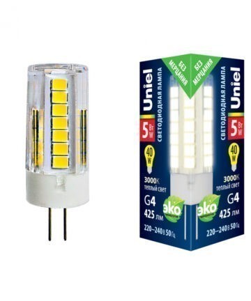 LED-JC-220/5W/3000K/G4/CL GLZ09TR Лампа светодиодная, прозрачная. Теплый белый свет (3000К). Картон.