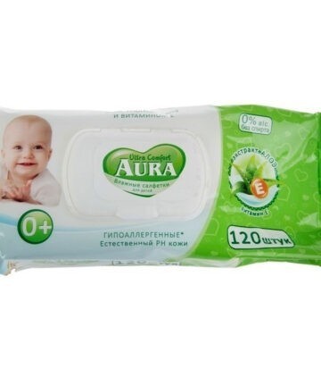 Влажные салфетки для детей "AURA ULTRA COMFORT" с экстрактом алоэ и витамином Е с крышкой 120шт